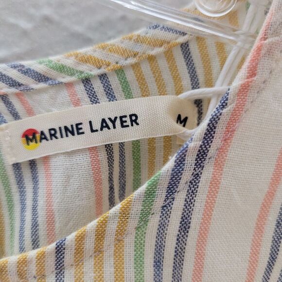 NWT Marine Layer Laney Mini Dress Sz Med Beachy Stripe Linen Blend Ruffle yellow - Picture 6 of 10